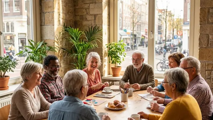 Older friends chatting around a café table