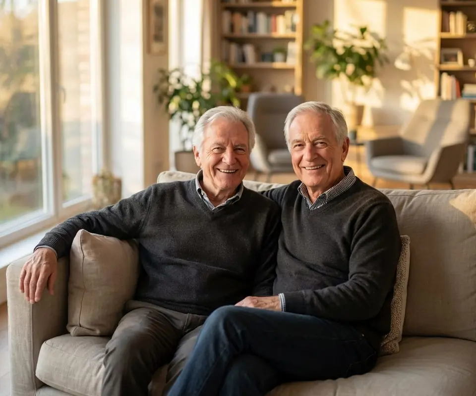 Two smiling older men sitting together on a sofa in a sunny living room
