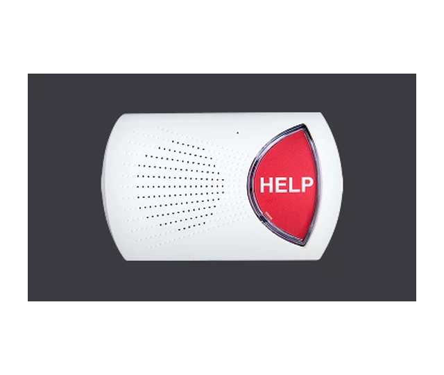 Bay Alarm Medical in-home base unit with large red HELP button